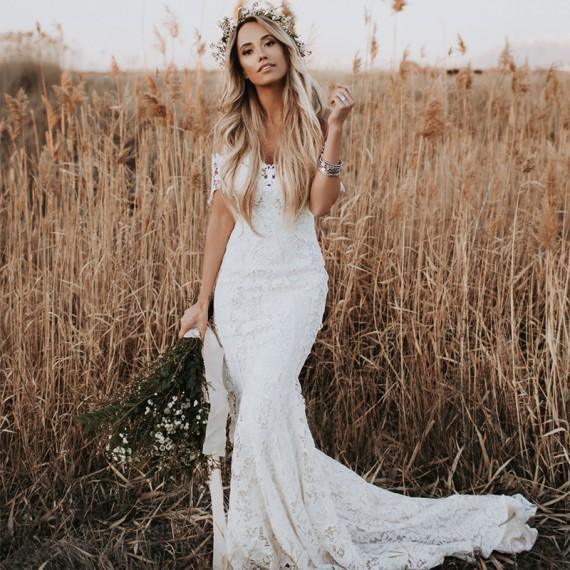 Ivory Mermaid Lace Wedding Dresses Neckline Beach Wedding Dress WD288