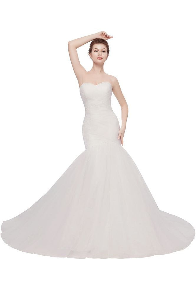 Ivory Tulle Sweetheart Mermaid Strapless Wedding Dresses with Lace-up