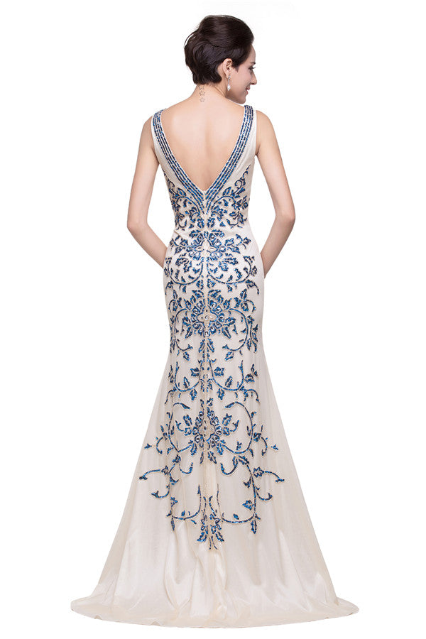 Vestidos formales de sirena con escote en V y apliques hasta el suelo en color marfil