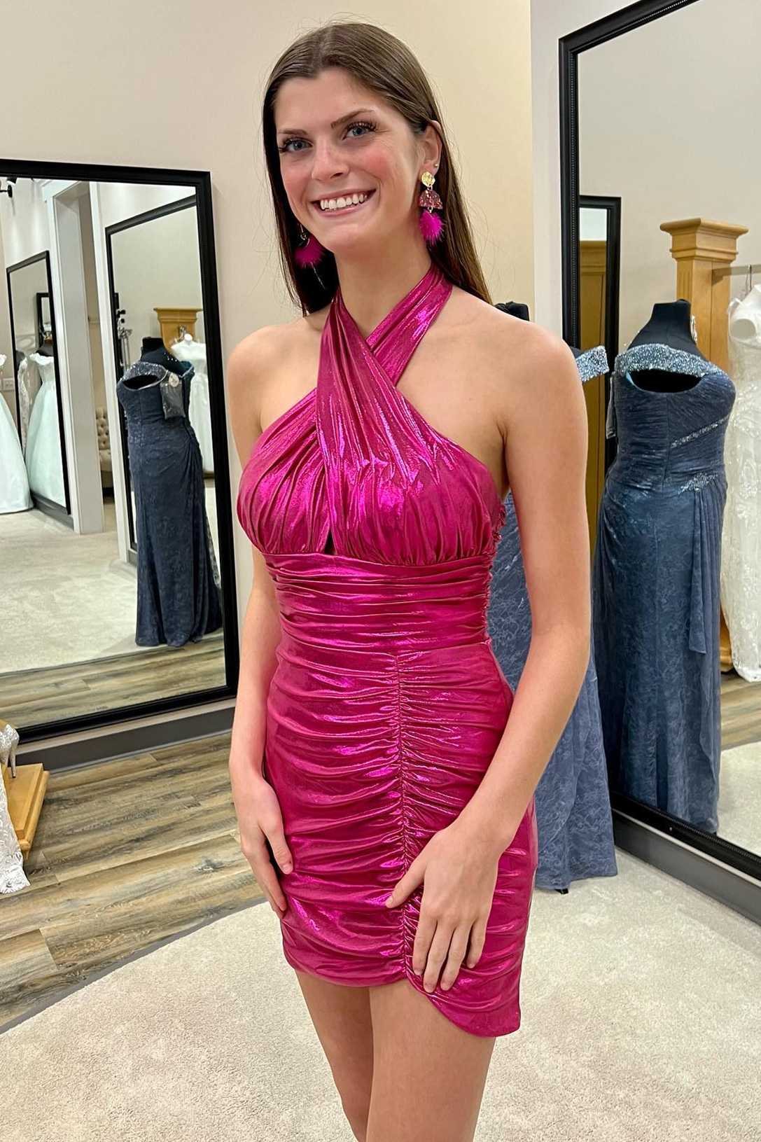 Maxine | Vestido de fiesta corto fruncido con cuello halter en rosa neón