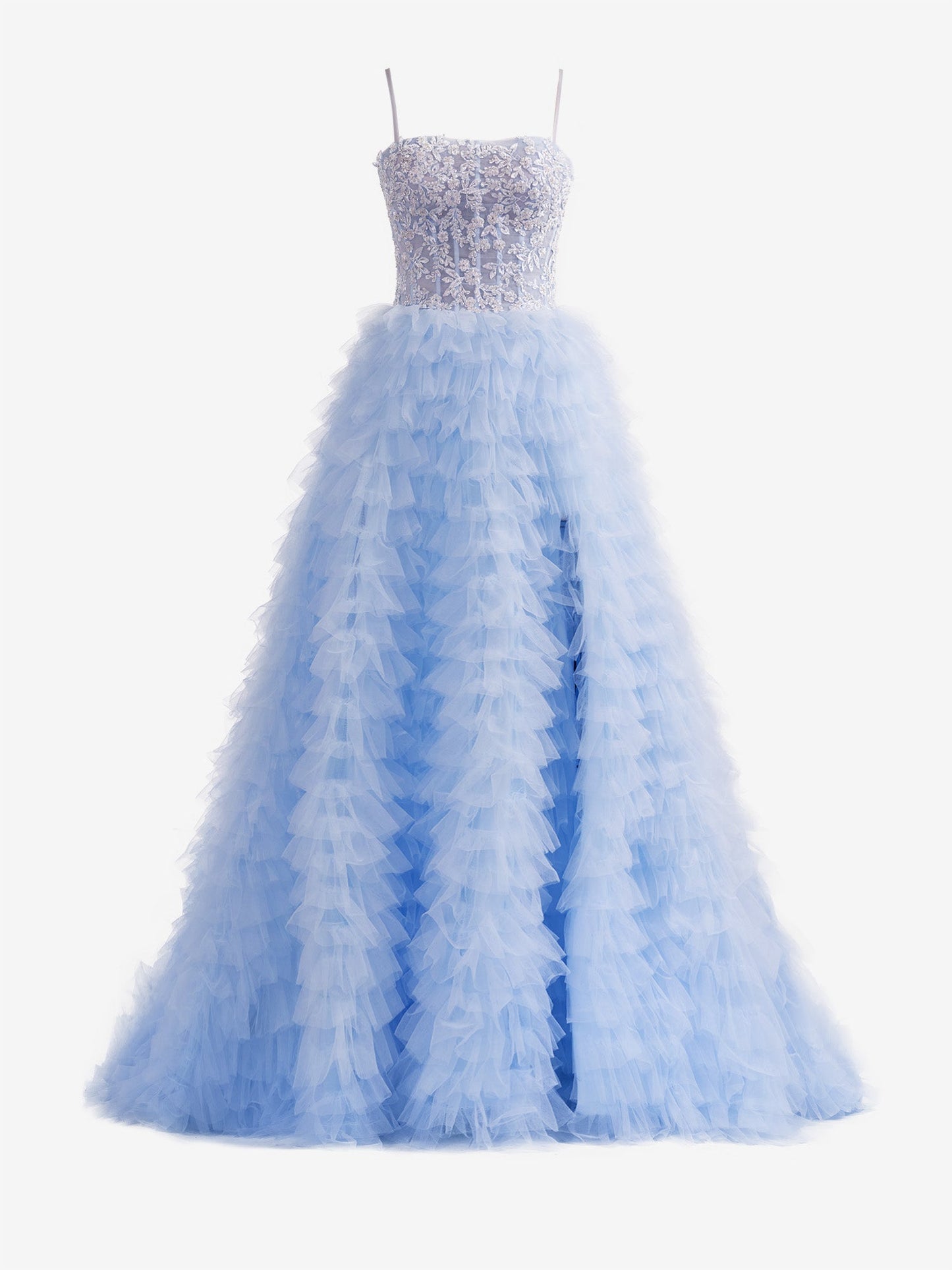 Jordan | Himmelblaues A-Linien-Ballkleid aus Tüll mit Stufen und Pailletten