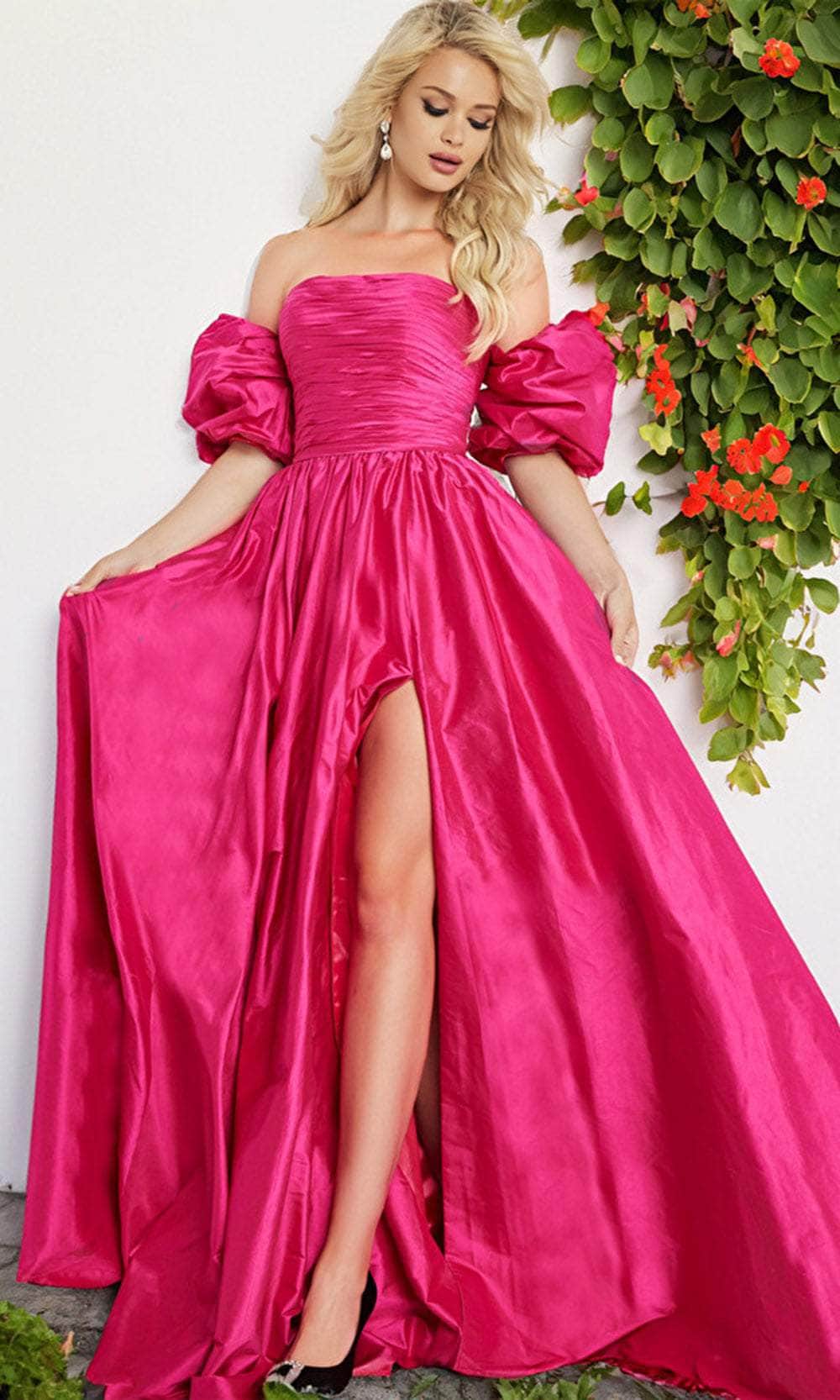 Taffeta Puff Sleeve A-line Gown