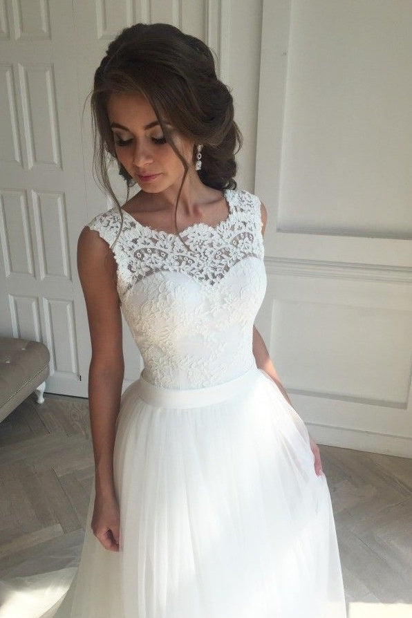 Lace A-line Simple Sleeveless Sash Open-Back Wedding Dresses