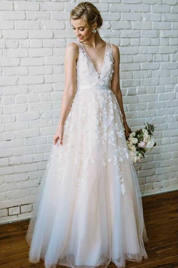 Lace Applique Ivory Wedding Dresses V Neck Beach Wedding Dress WD292