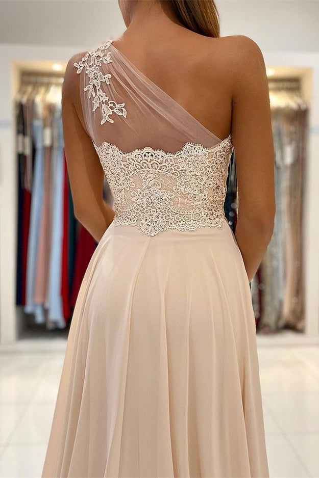 Lace Appliques A-Line Sleeveless One-Shoulder Simple Prom Dress