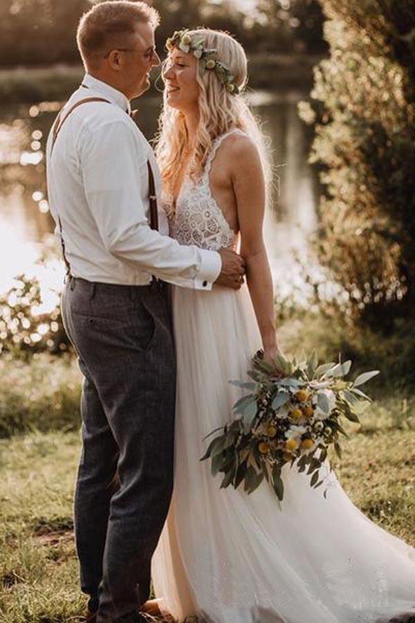 Vestido de novia minimalista con escote de encaje y falda de tul, sin espalda, WD439