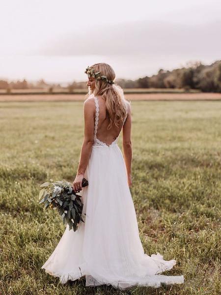 Vestido de novia minimalista con escote de encaje y falda de tul, sin espalda, WD439