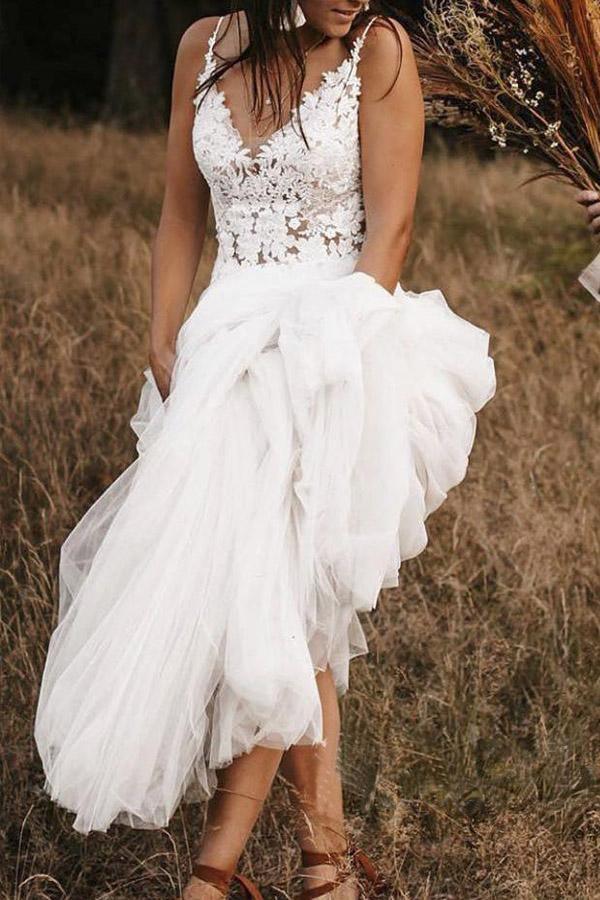 Lace Bodice V Neck Bridal Dresses Ivory Backless A Line Wedding Dresses WD468