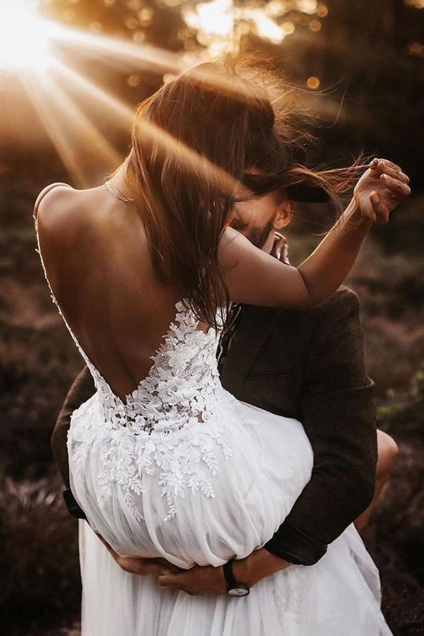 Lace Bodice V Neck Bridal Dresses Ivory Backless A Line Wedding Dresses WD468