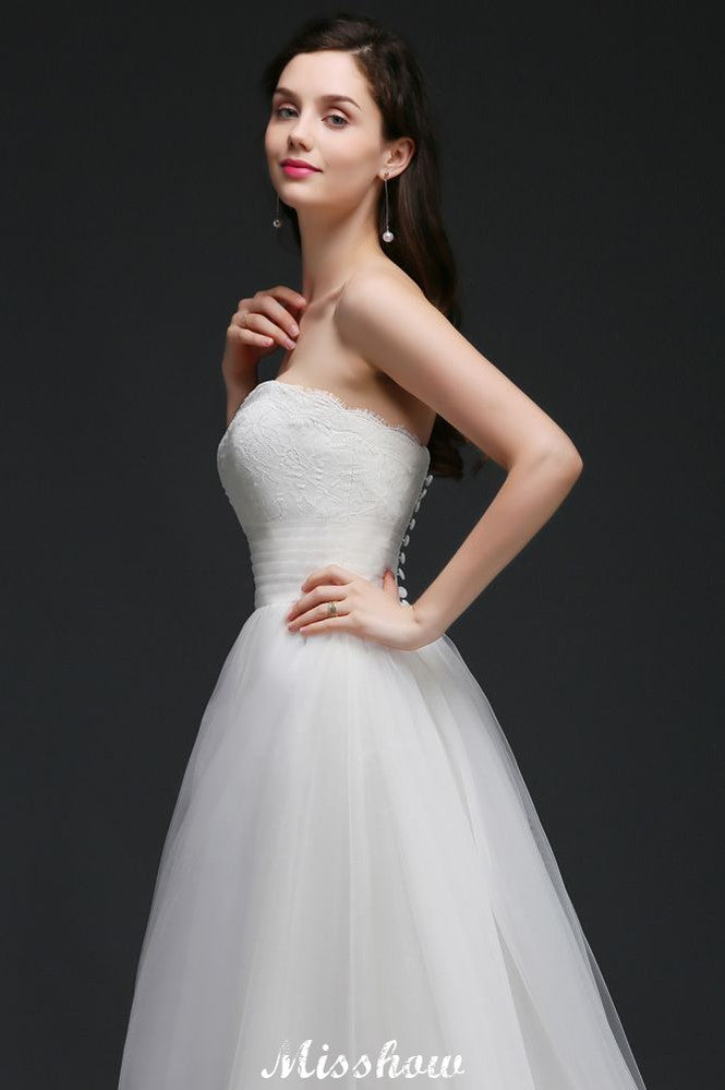 Lace White A-line Strapless Tulle Wedding Dress