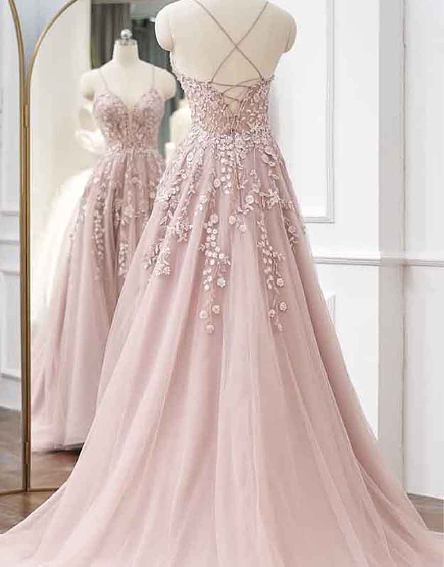 Frances | A-Linien-Ballkleid aus Tüll mit Spaghettiträgern und Applikationen