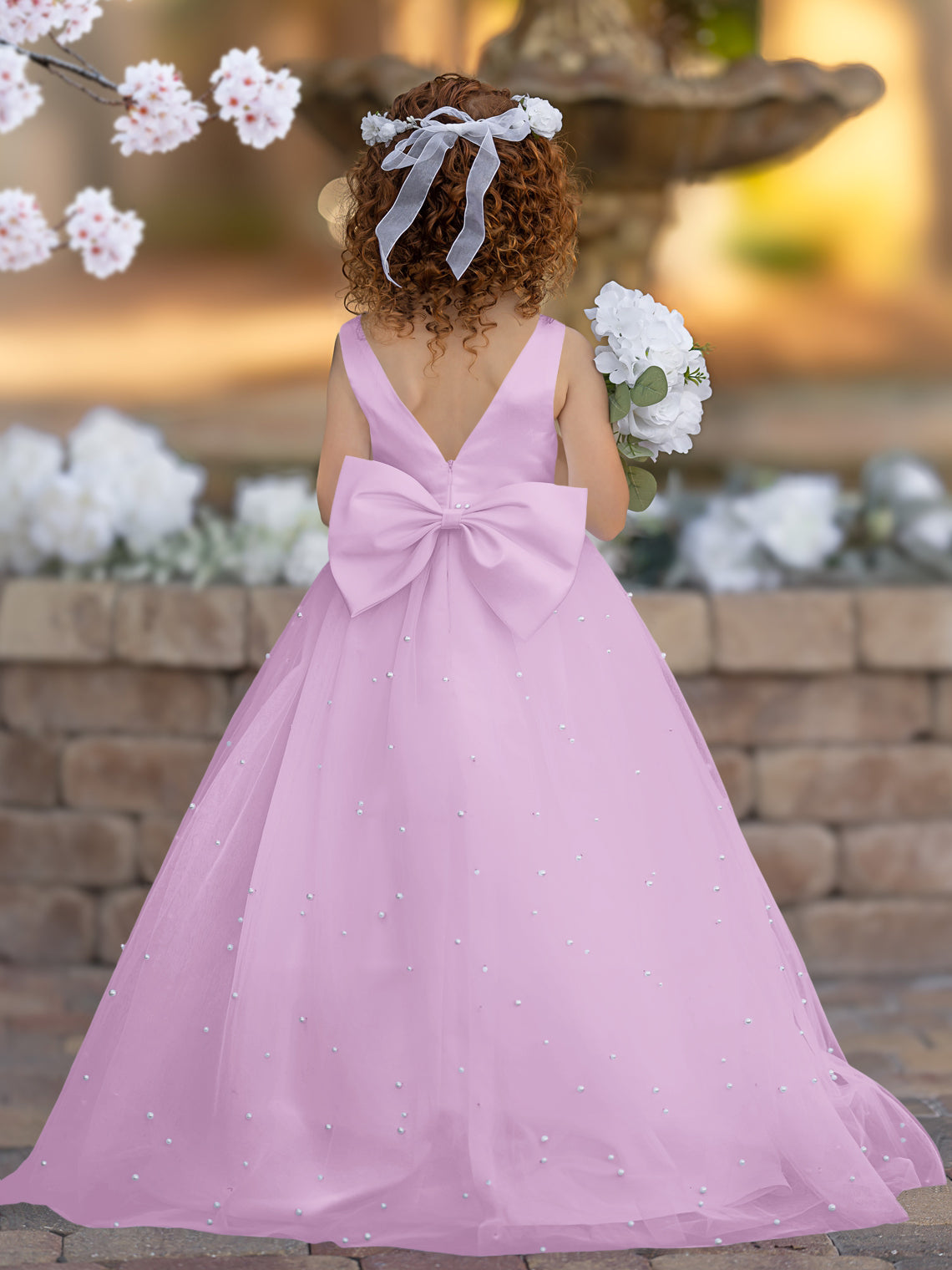 Elegante vestido de princesa de satén y tul para niña de las flores