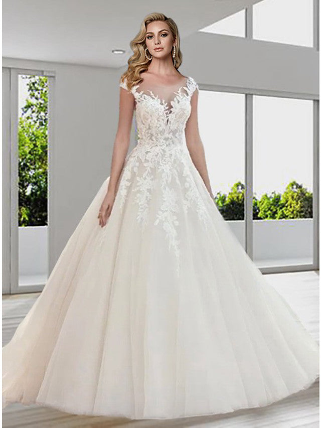 Vestidos de novia largos de corte A con escote joya, cola de cepillo y encaje de tul sin espalda