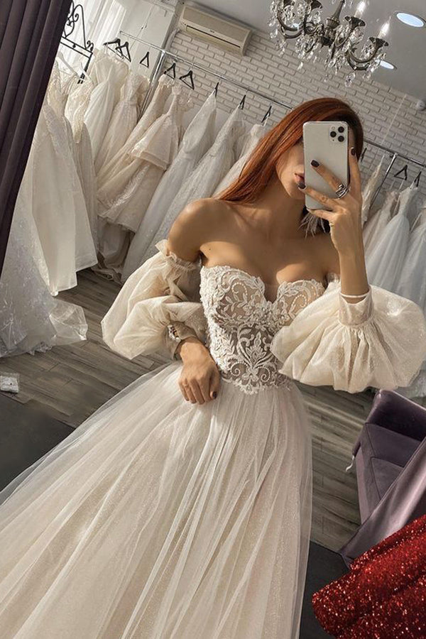 Long A-line Off The Shoulder Appliques Tulle Wedding Dress with Sleeves