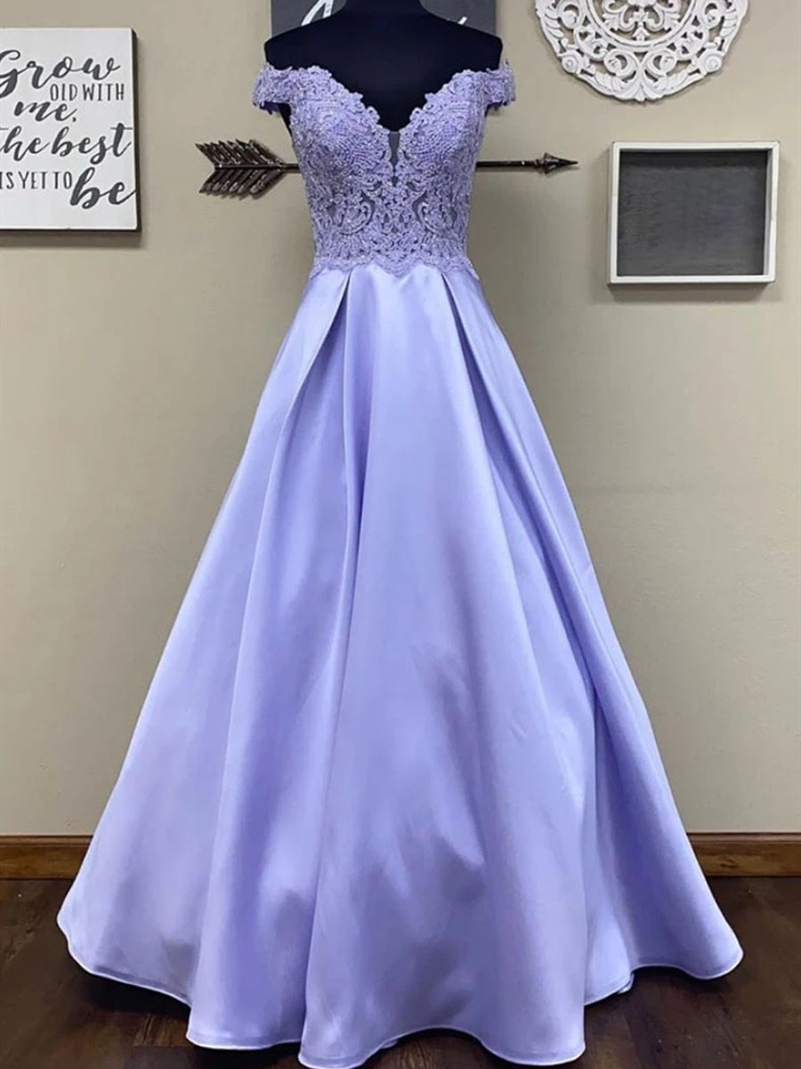 Long A-line Off the Shoulder Satin Lace Formal Graduation Prom Dresses