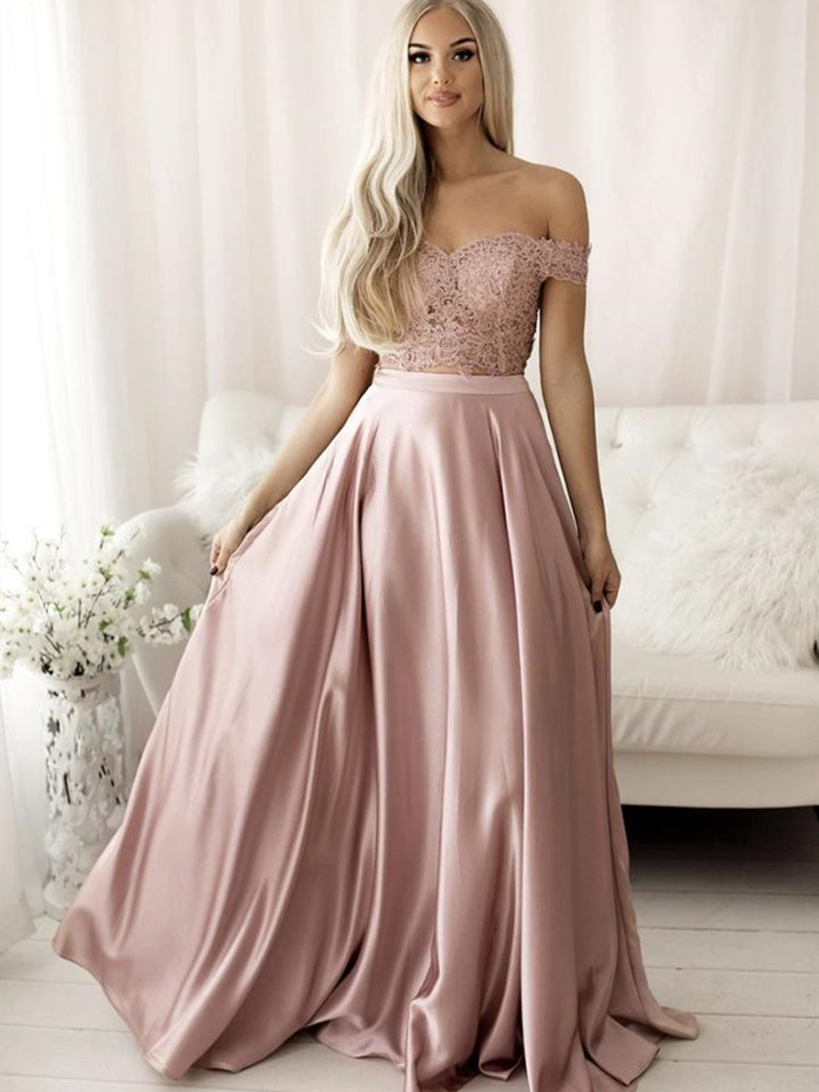 A Line Off the Shoulder Satin Lace Prom Dress