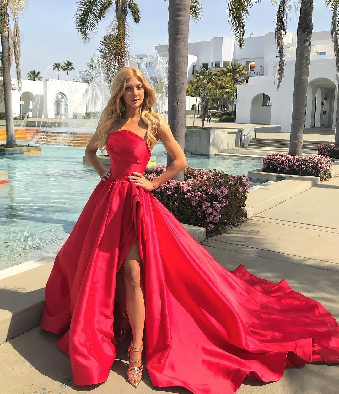 Long A-line Strapless Side Slit Satin Formal Prom Dresses with Train