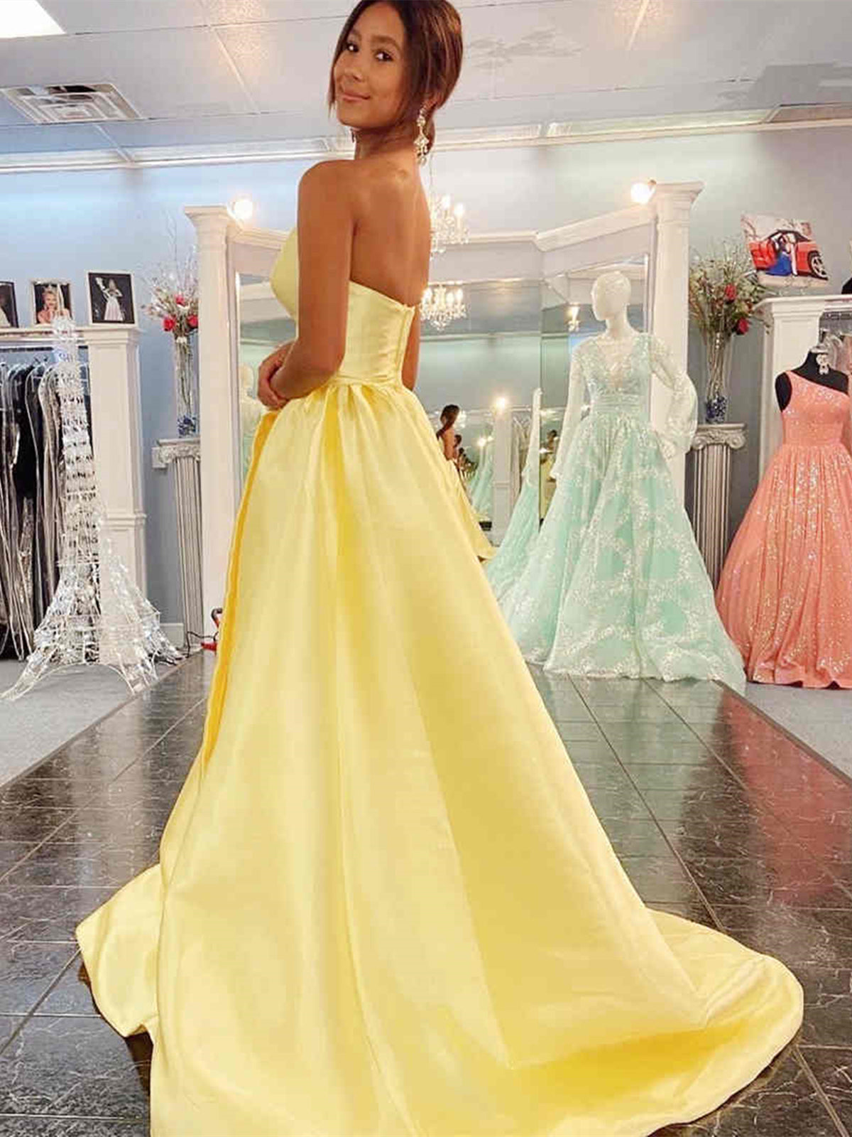 Long A-line Sweetheart Backless Satin Prom Dress Yellow Formal Graduation Evening Dresses