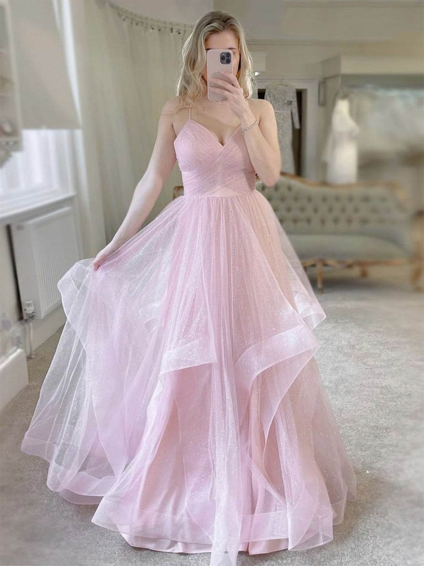 Langes A-Linien-Ballkleid aus Tüll mit Herzausschnitt in Rosa