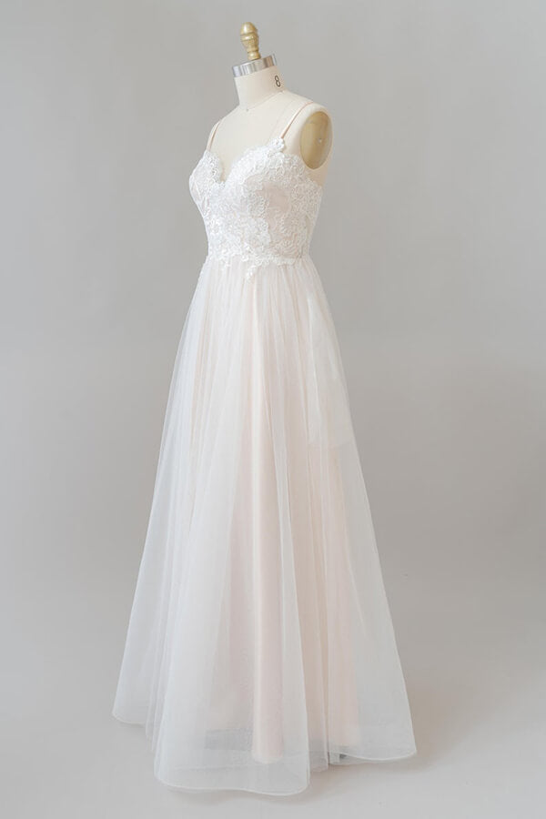 Long A-line V-neck Appliques Lace Tulle Backless Wedding Dress