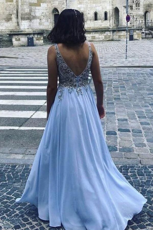 Langes rückenfreies Ballkleid aus Chiffon mit V-Ausschnitt und Perlenbesatz in A-Linie
