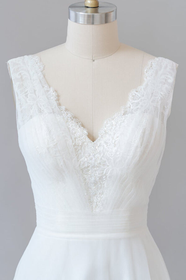 Long A-line V-neck Lace Tulle Backless Wedding Dress