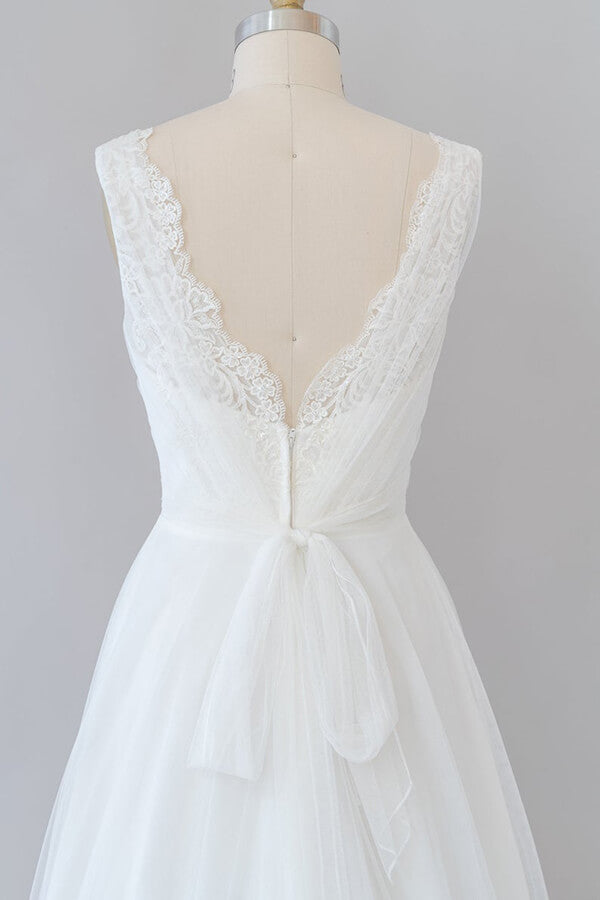 Long A-line V-neck Lace Tulle Backless Wedding Dress