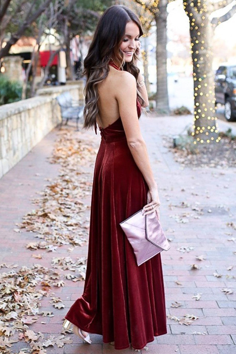 Long A-line V-neck Velvet Backless Formal Prom Dresses