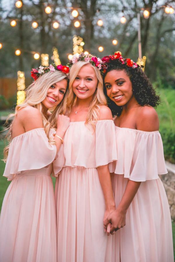 Long Chiffon Off The Shoulder Slate Gray Bridesmaid Dresses BD077