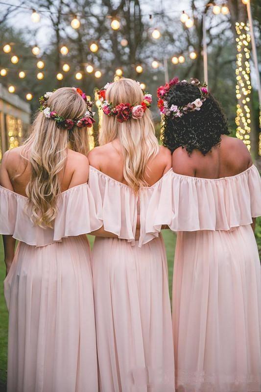 Long Chiffon Off The Shoulder Slate Gray Bridesmaid Dresses BD077