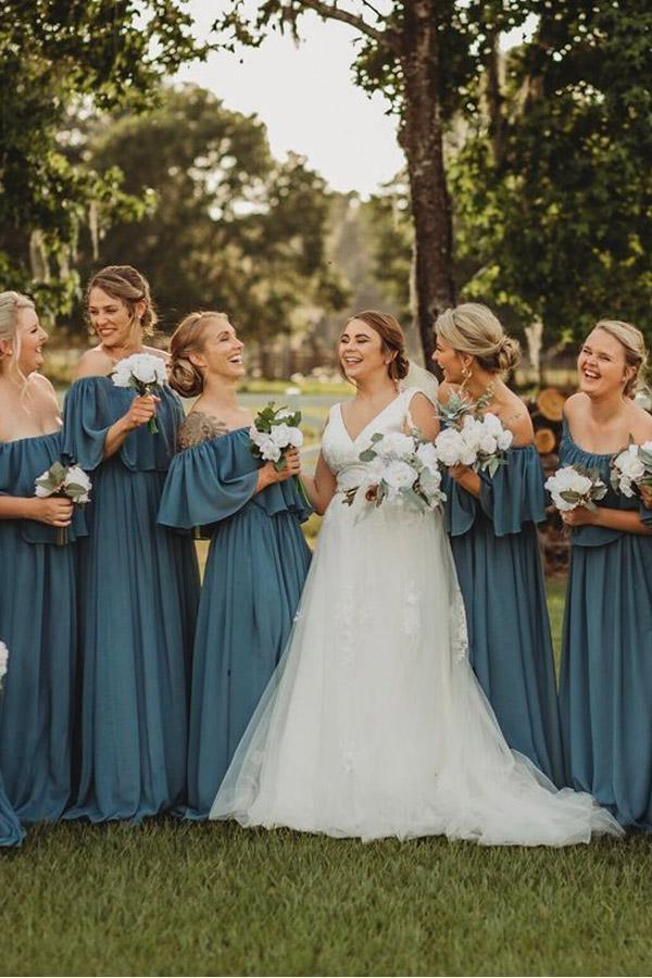 Long Chiffon Off The Shoulder Slate Gray Bridesmaid Dresses BD077