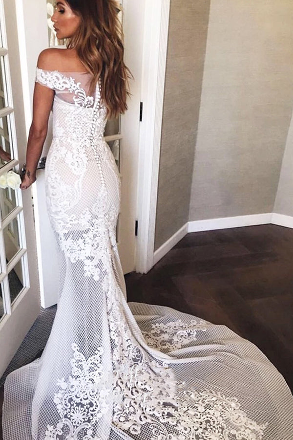 Long Mermaid Off The Shoulder Appliques Sweep Train Wedding Dress