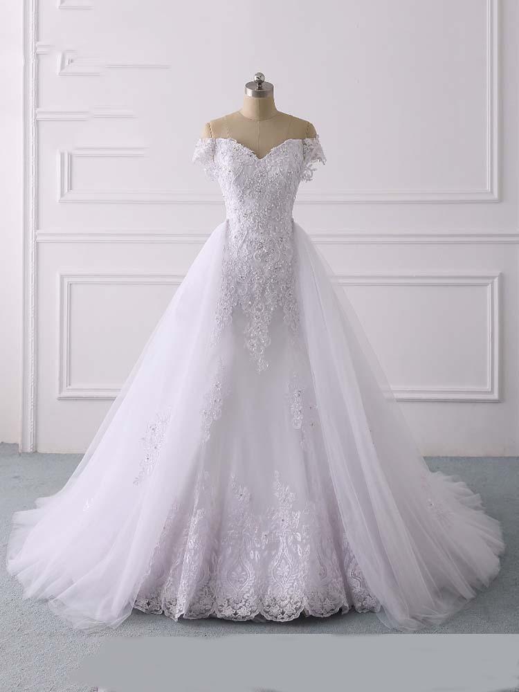 Lange Meerjungfrau Off-the-Shoulder Spitze Tüll Weiß Brautkleider
