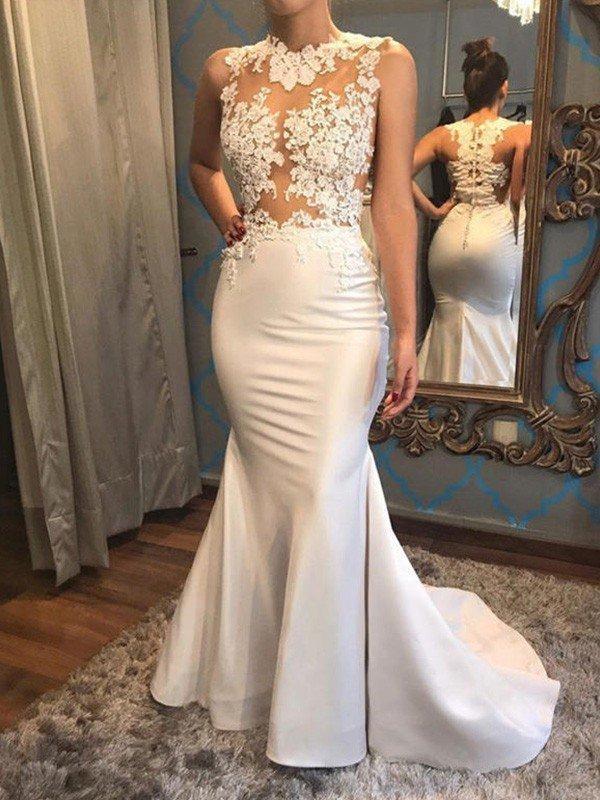 Vestidos de novia largos de sirena con apliques de satén y encaje con cola de corte
