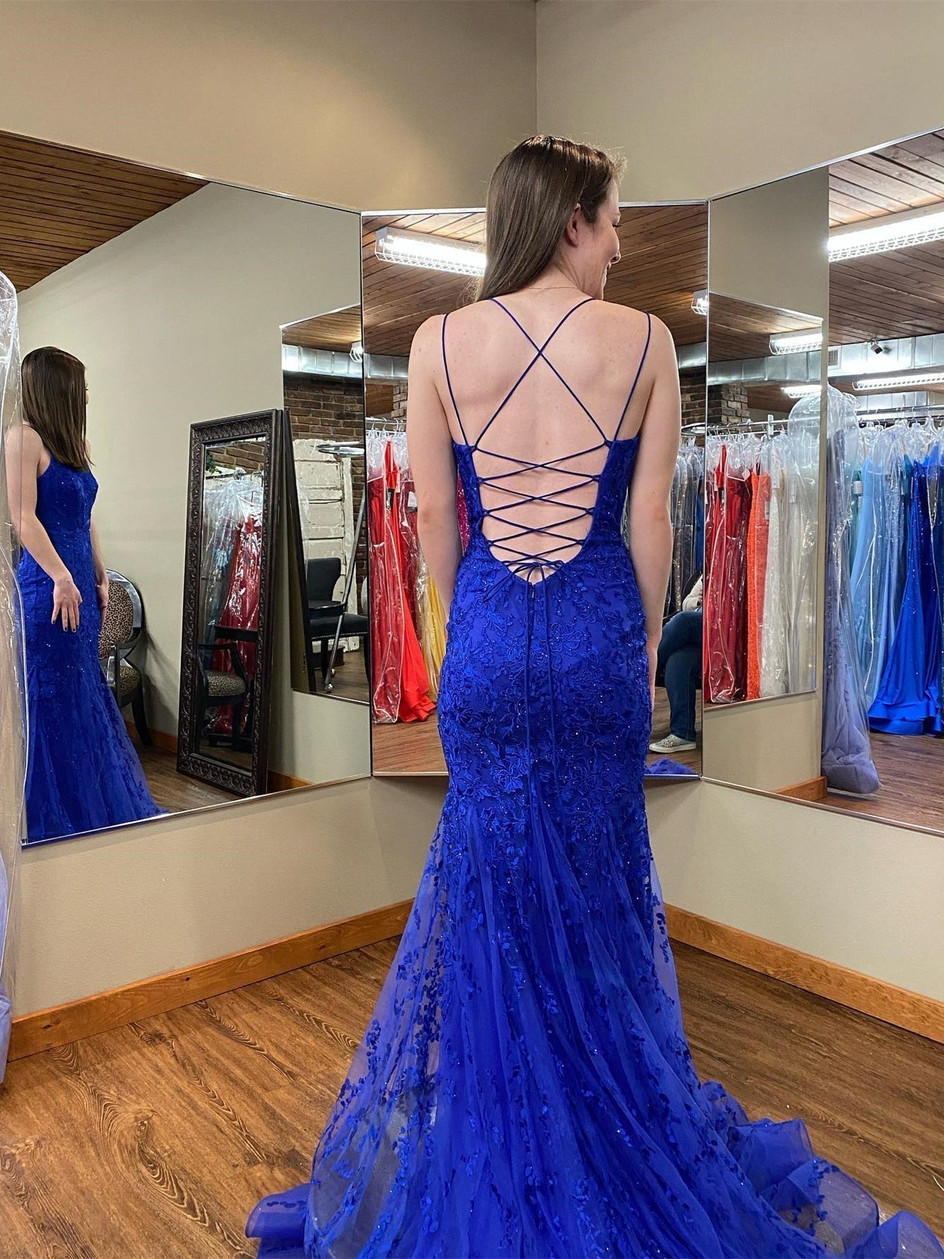 Long Mermaid Scoop Neck Lace Open Back Prom Dress Royal Blue Formal Evening Gowns