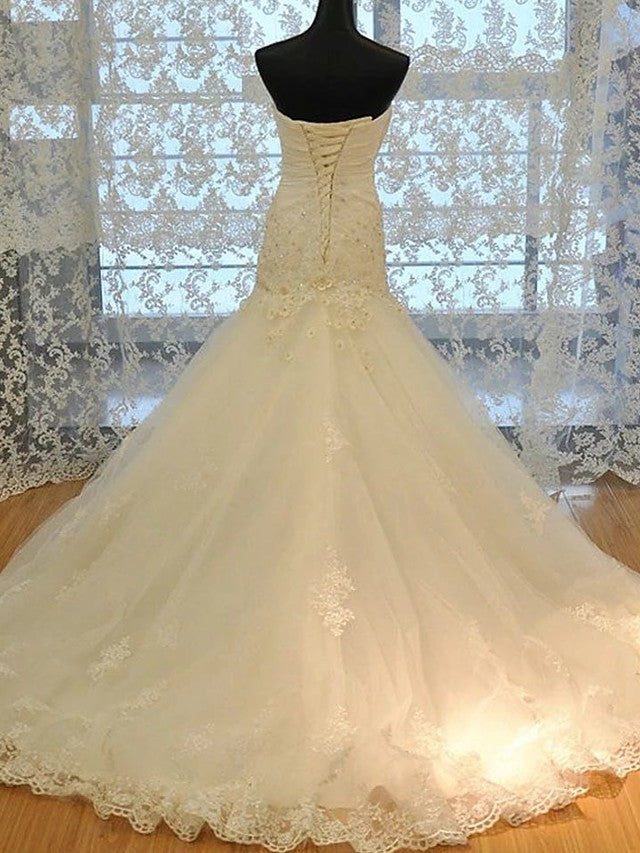 Vestidos de novia de organza con encaje y cola de corte sirena sin tirantes