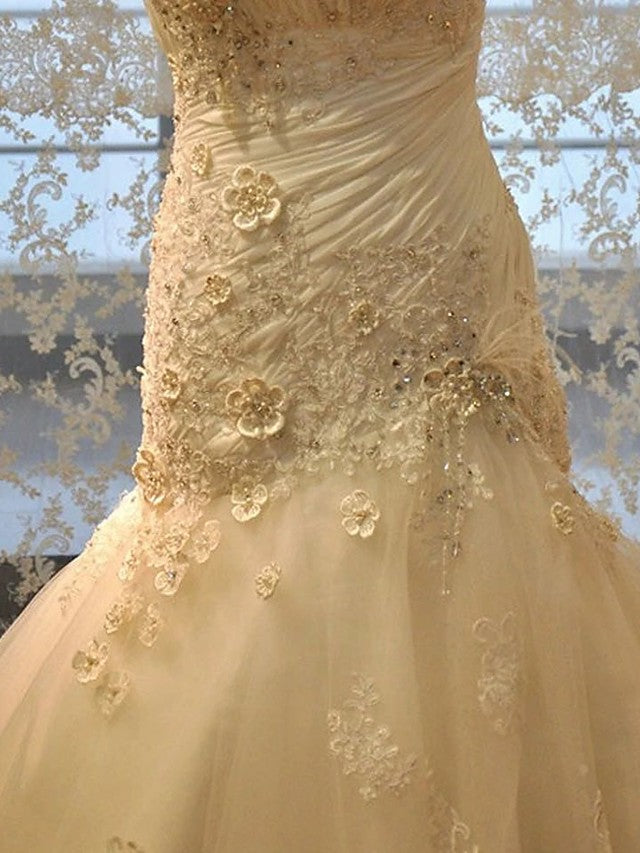 Vestidos de novia de organza con encaje y cola de corte sirena sin tirantes