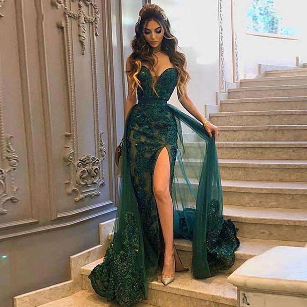 Vestidos de fiesta largos de sirena con escote en forma de corazón y encaje con abertura