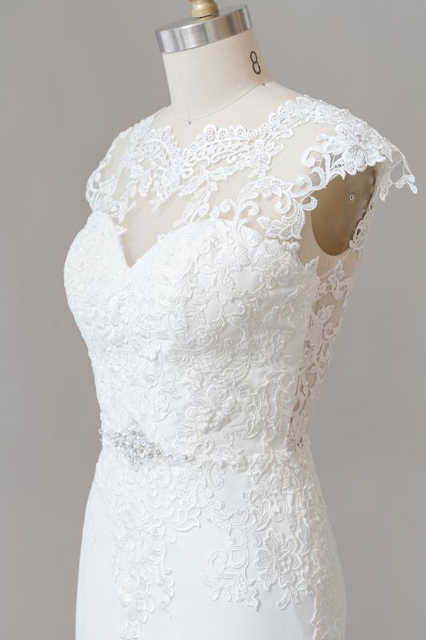Long Sheath Illusion Lace Wedding Dress with Cap Sleeve