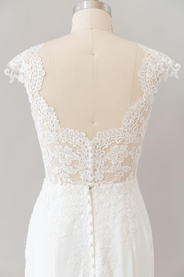 Long Sheath Illusion Lace Wedding Dress with Cap Sleeve