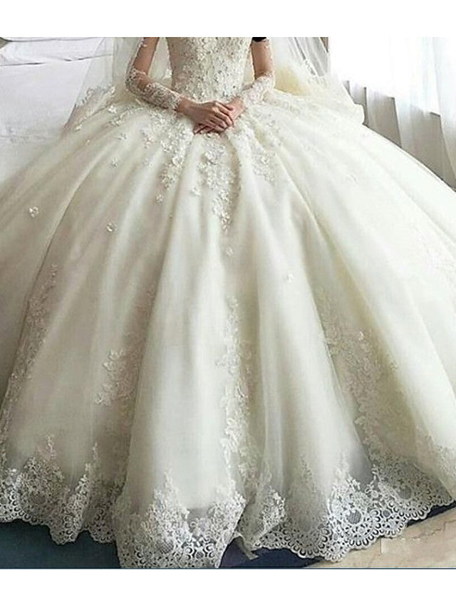Vestidos de novia de organza con cola de corte y escote redondo y manga larga en A