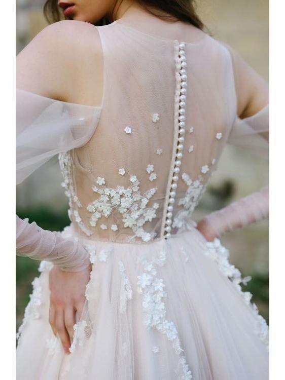 Long Sleeve Beach Wedding Dresses Cold Shoulder Boho Rustic Wedding Dress WD448