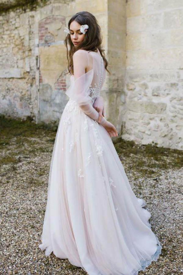 Long Sleeve Beach Wedding Dresses Cold Shoulder Boho Rustic Wedding Dress WD448