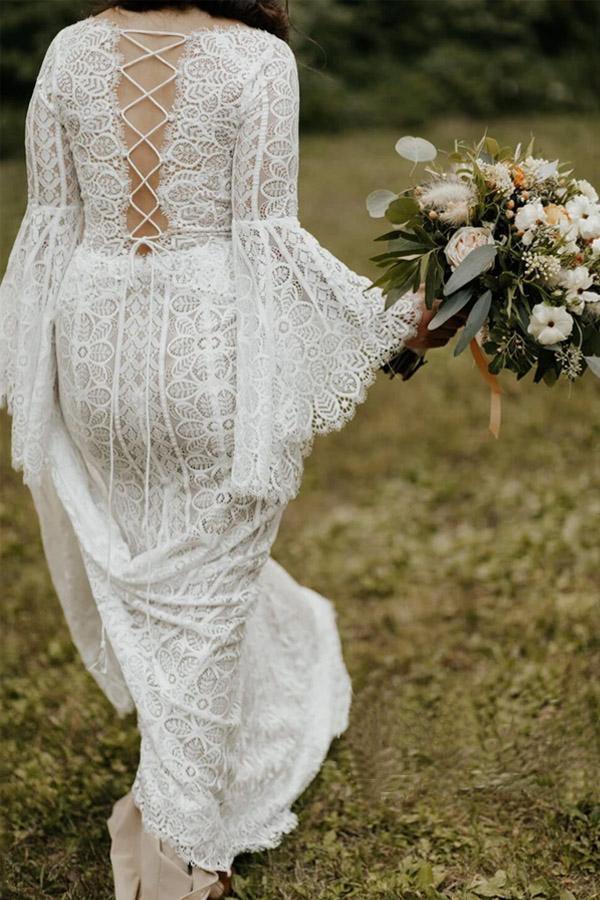 Long Sleeve Lace Wedding Dresses Lace Up Back Beach Wedding Dress WD547