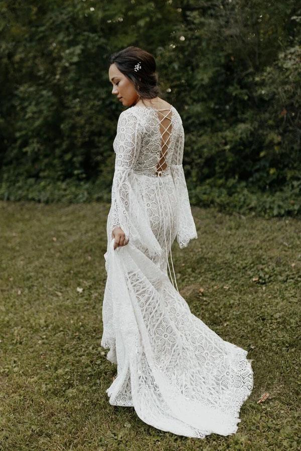 Long Sleeve Lace Wedding Dresses Lace Up Back Beach Wedding Dress WD547