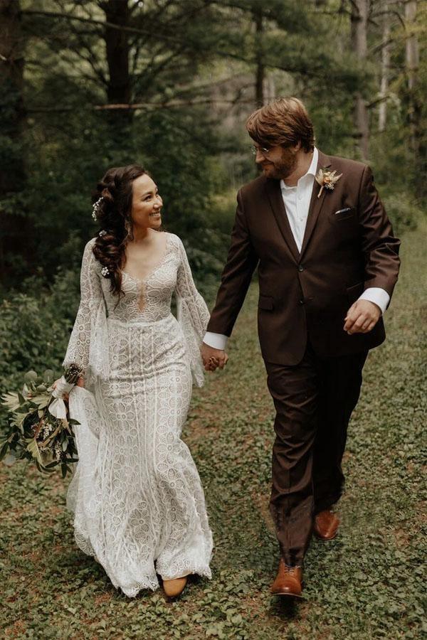 Long Sleeve Lace Wedding Dresses Lace Up Back Beach Wedding Dress WD547
