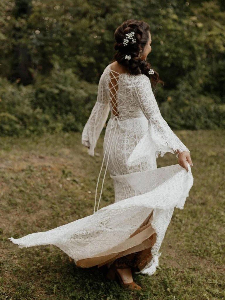 Long Sleeve Lace Wedding Dresses Lace Up Back Beach Wedding Dress WD547