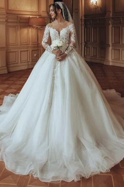 Luxuriöses langes weißes A-Linien-Brautkleid aus Tüllspitze mit U-Ausschnitt und langen Ärmeln