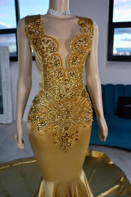 Luxuriöse Meerjungfrau Satin V-Ausschnitt Ärmellos Gelb Ballkleider Mit Perlen