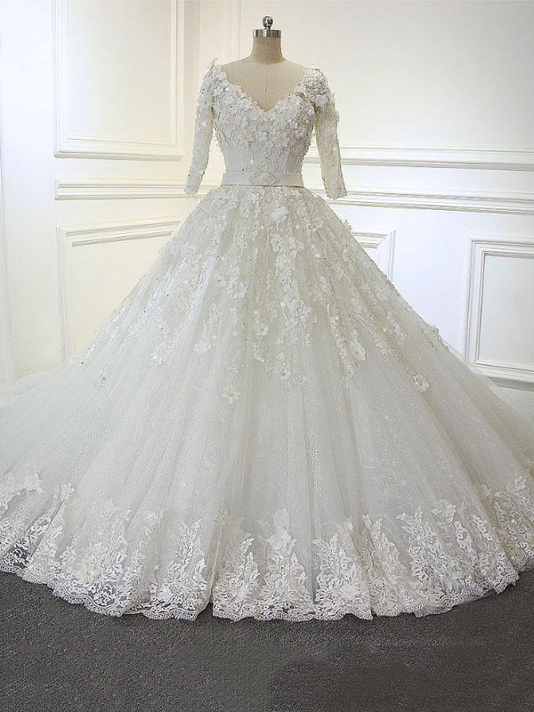 Luxury Long Ball Gown V Neck Lace Wedding Dresses with Sleeves – Sunnderly
